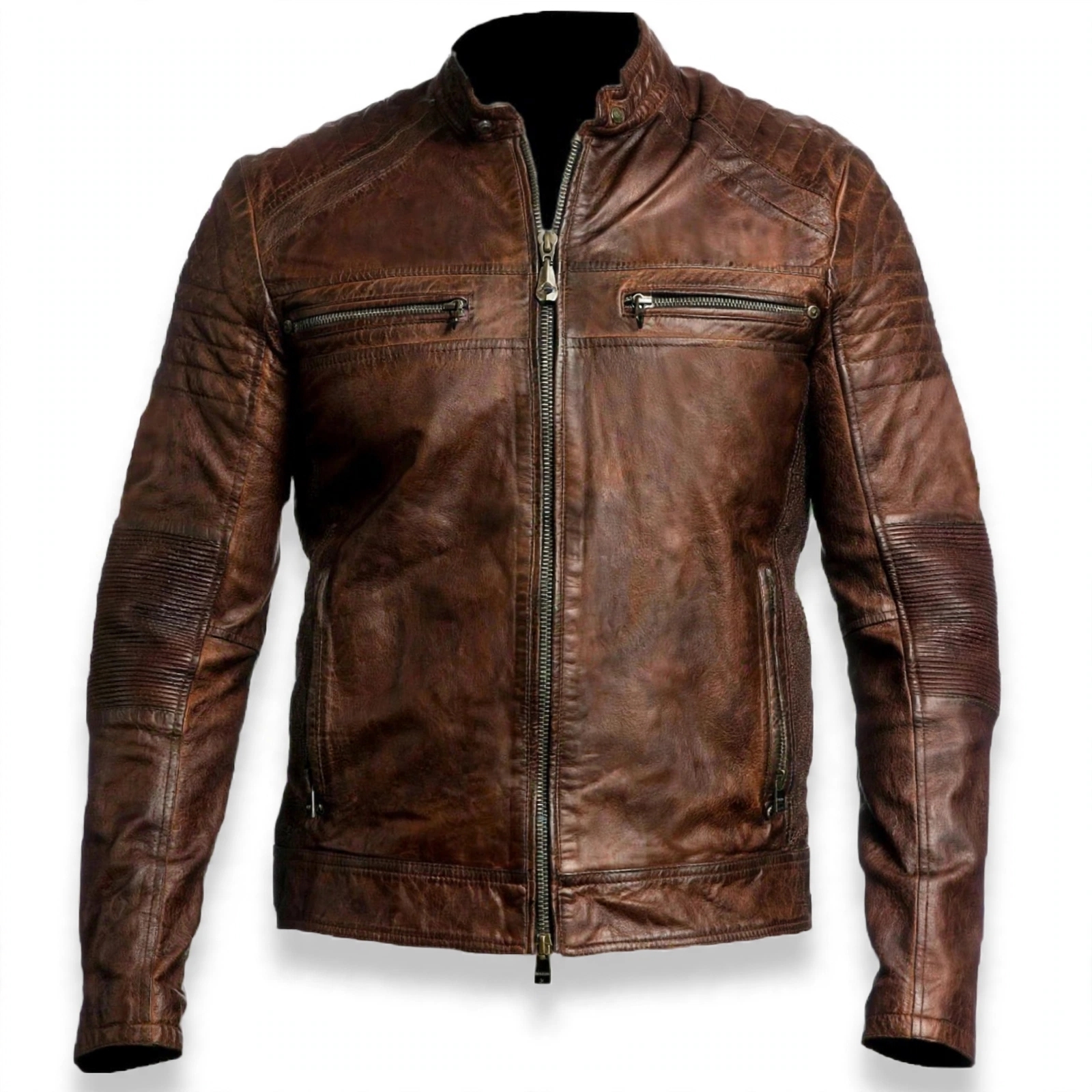 Men Cafe Racer Brown Leather Jacket