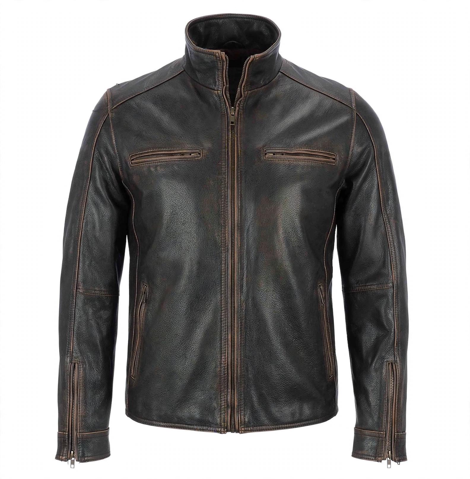 New Men Black Rivet Biker Leather Jacket – view 2