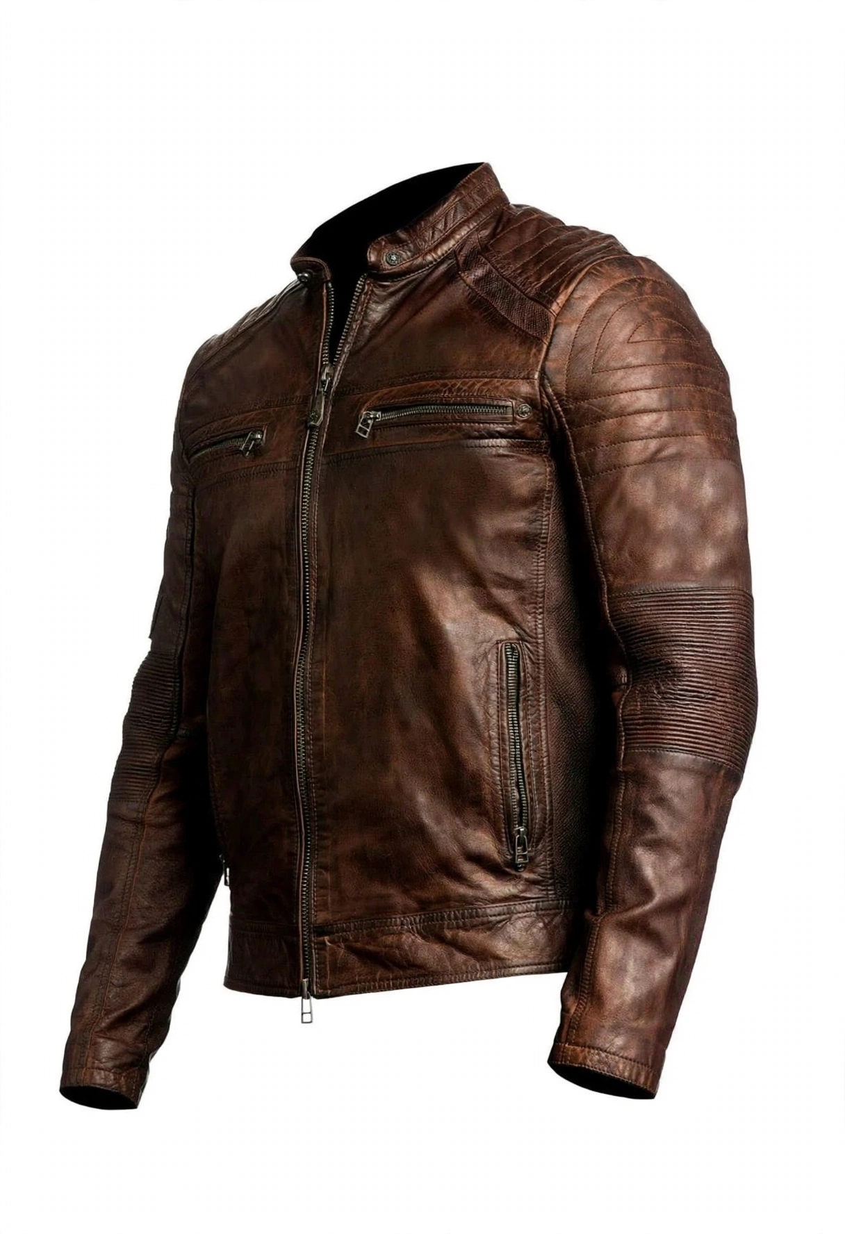 Men Cafe Racer Brown Leather Jacket – view 2