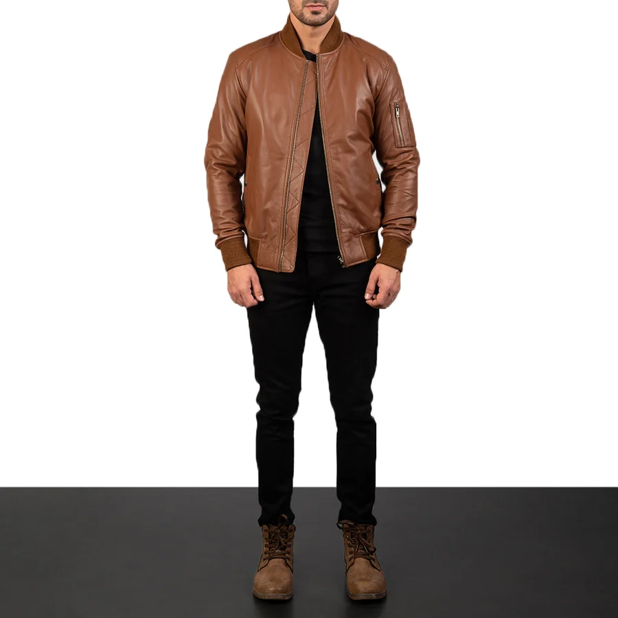 Brown Leather Bomber Jacket – view 3