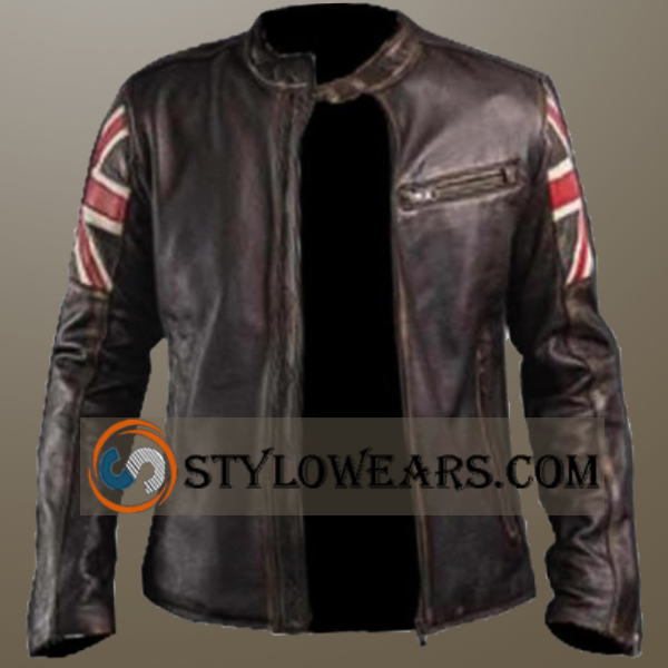Mens Union Jack Brown Distressed Leather Biker Jacket - UK Flag Motorcycle Jacket | Stylowears