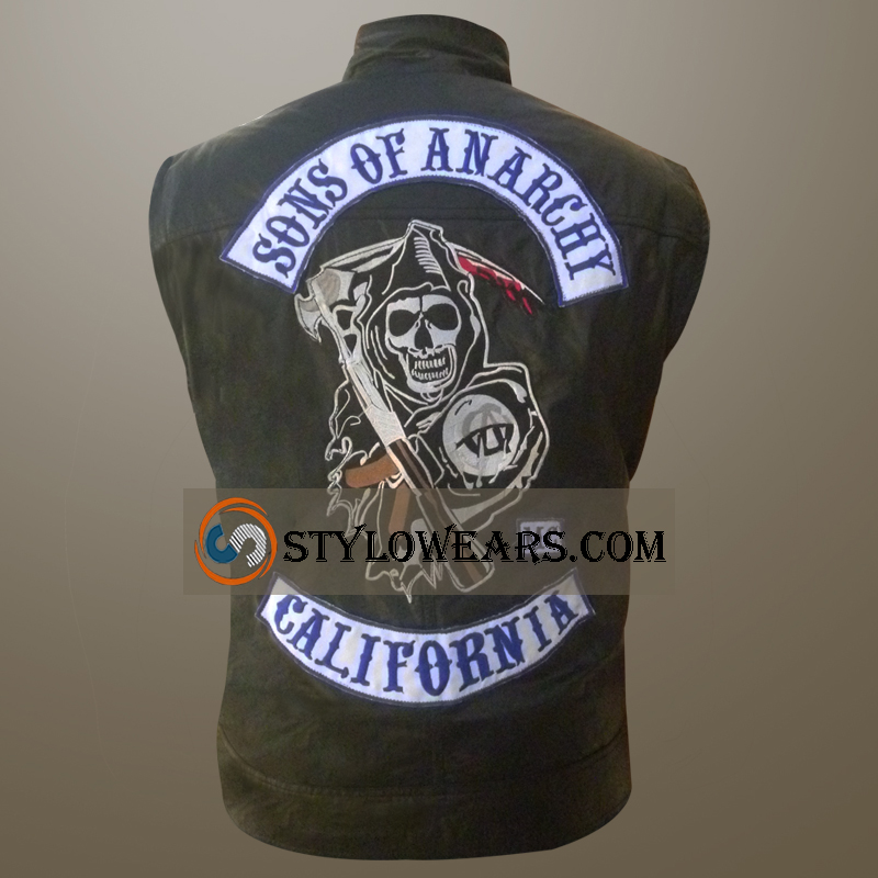 Sons Of Anarchy California Vest - Black Leather SOA Vest with Patches