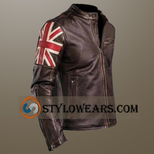 Mens Union Jack Brown Distressed Leather Biker Jacket - UK Flag Motorcycle Jacket | Stylowears – view 2