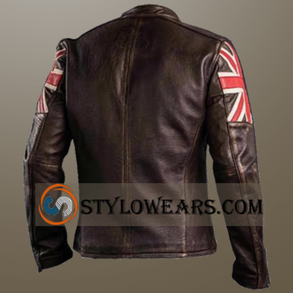 Mens Union Jack Brown Distressed Leather Biker Jacket - UK Flag Motorcycle Jacket | Stylowears – view 3