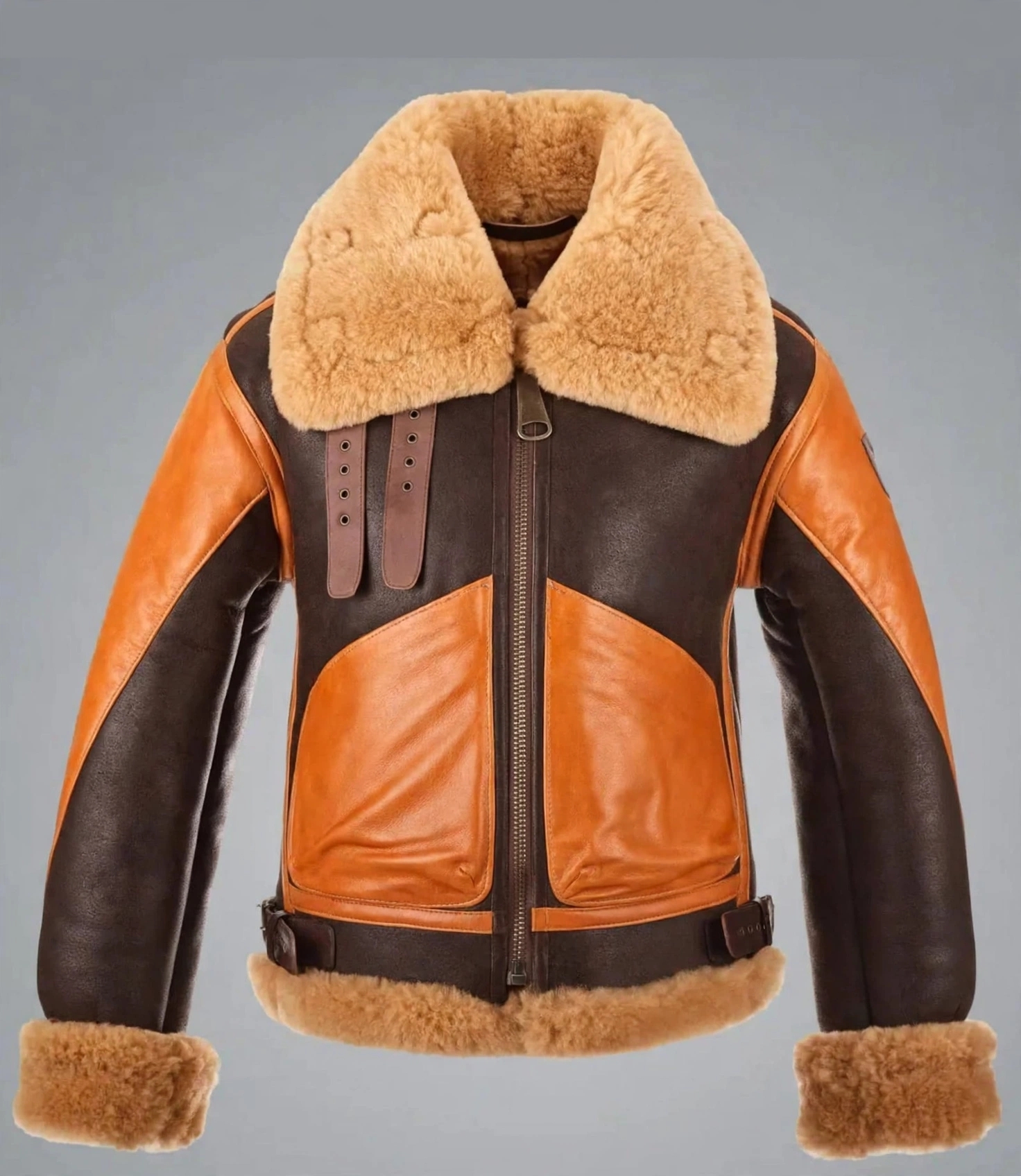 RAF B3 Bomber Shearling Jacket - Brown & Tan Two-Tone Aviator Jacket | Stylowears