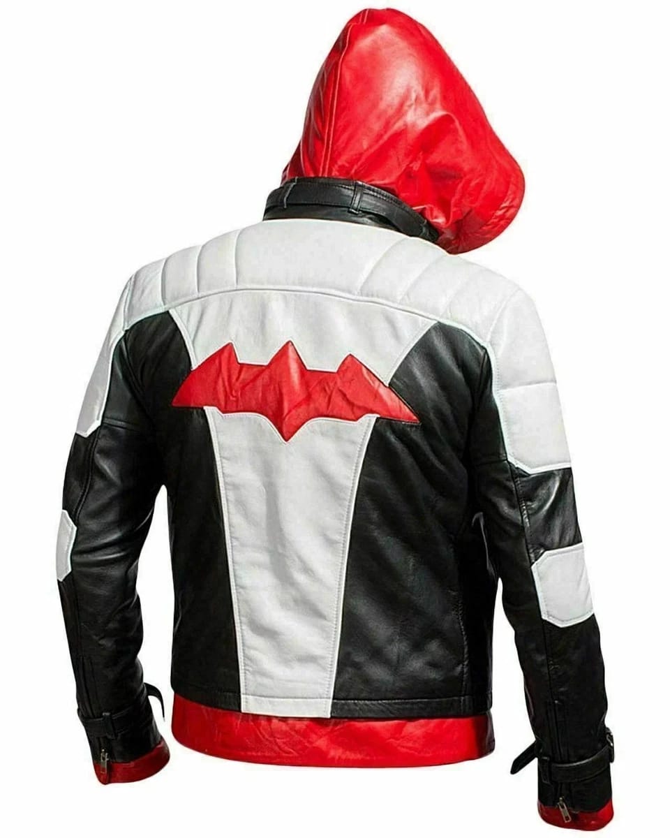 Men Red Hood Biker Leather Jacket - Black White Red Hooded Motorcycle Jacket