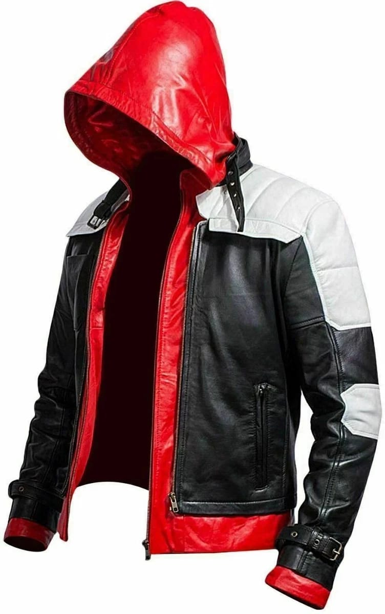 Men Red Hood Biker Leather Jacket - Black White Red Hooded Motorcycle Jacket – view 2