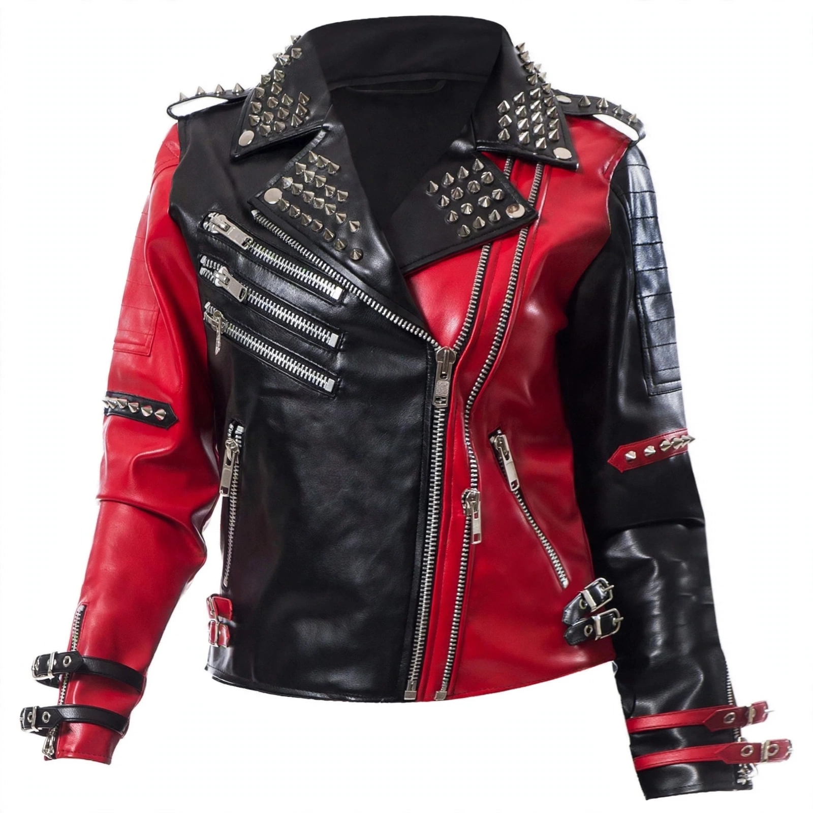 Women Studded Punk Biker Leather Jacket - Red Black Spiked Moto Jacket