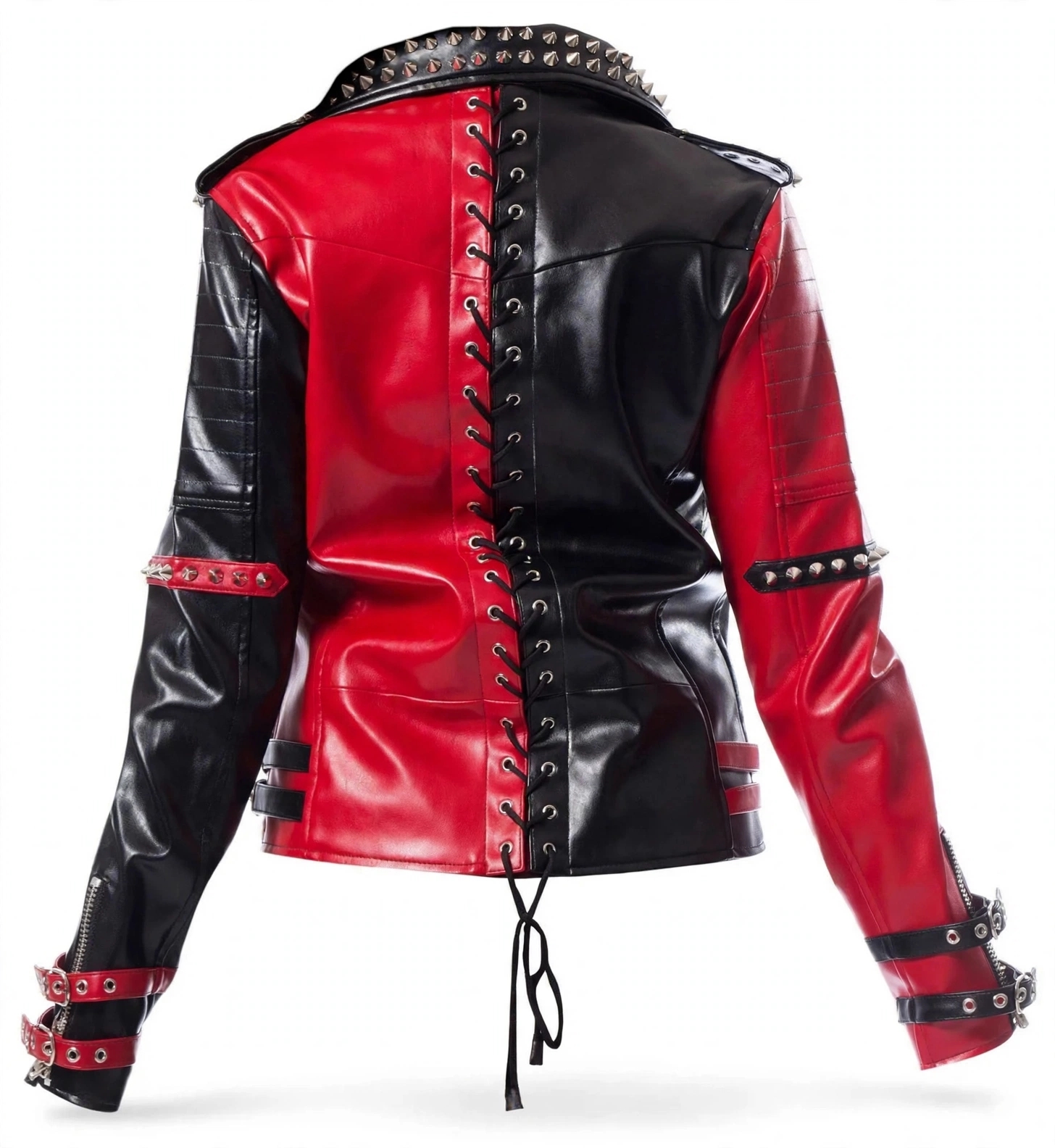 Women Studded Punk Biker Leather Jacket - Red Black Spiked Moto Jacket – view 2