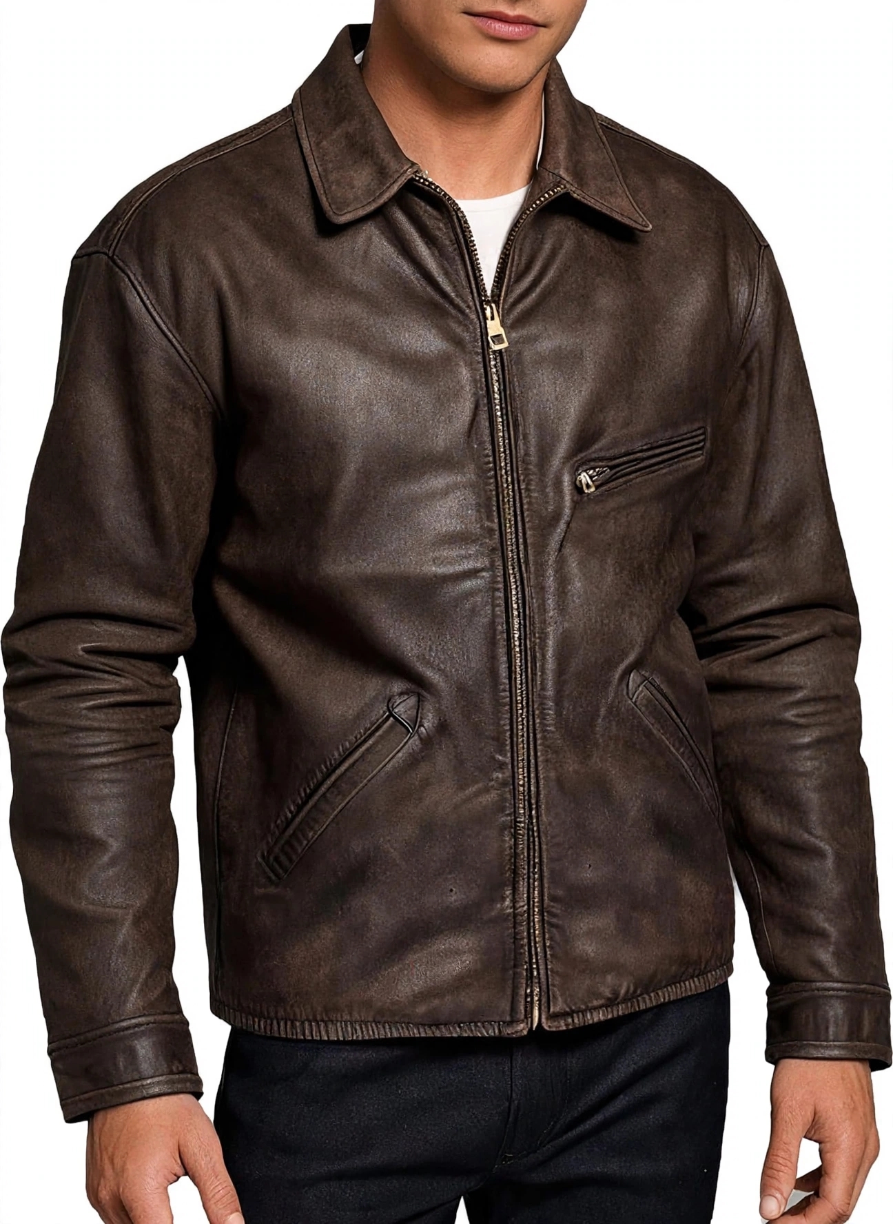 Men Distressed Brown Leather Jacket - Vintage Zip Up Workwear Jacket | Stylowears