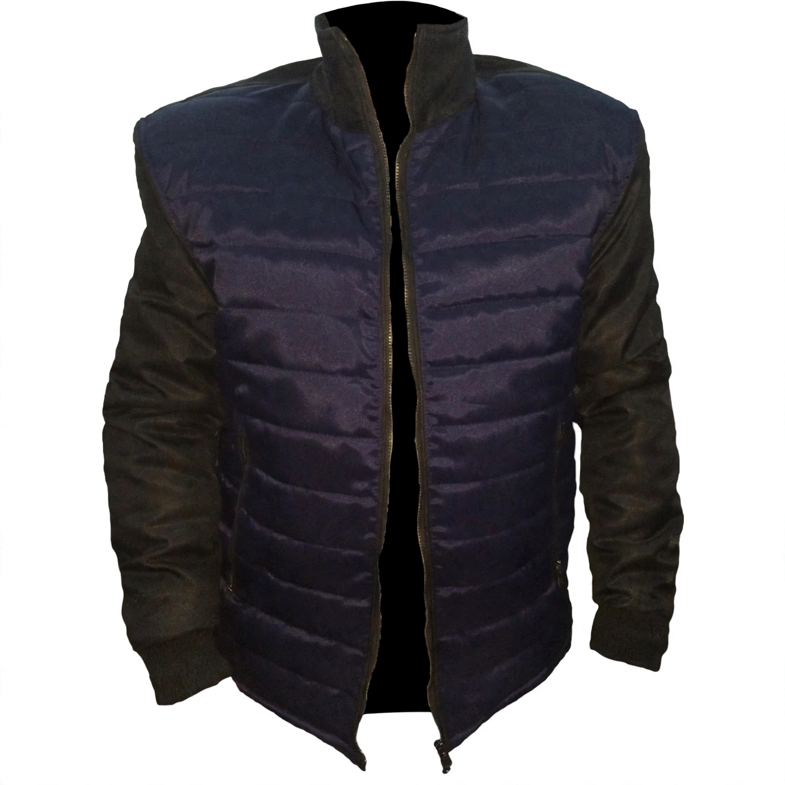 Men Navy Blue Puffer Jacket with Black Leather Sleeves - Quilted Bomber Jacket | Stylowears