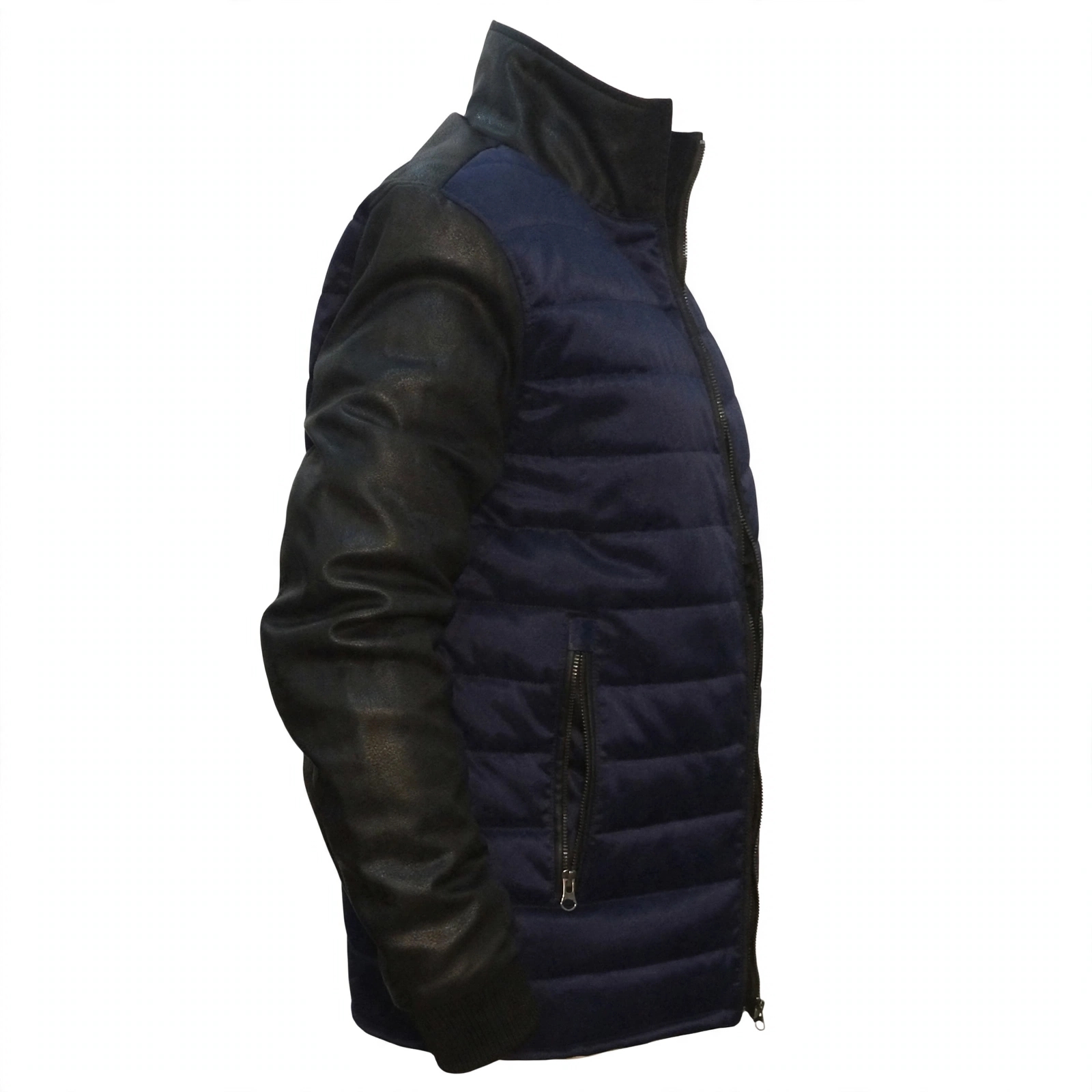 Men Navy Blue Puffer Jacket with Black Leather Sleeves - Quilted Bomber Jacket | Stylowears – view 2