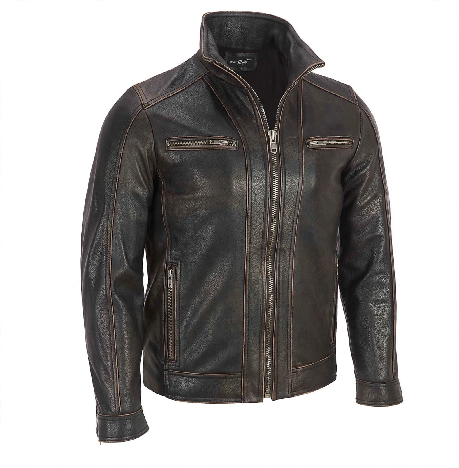 Men Distressed Dark Brown Leather Jacket - Vintage Moto Rivet Jacket with Zip Pockets | Stylowears