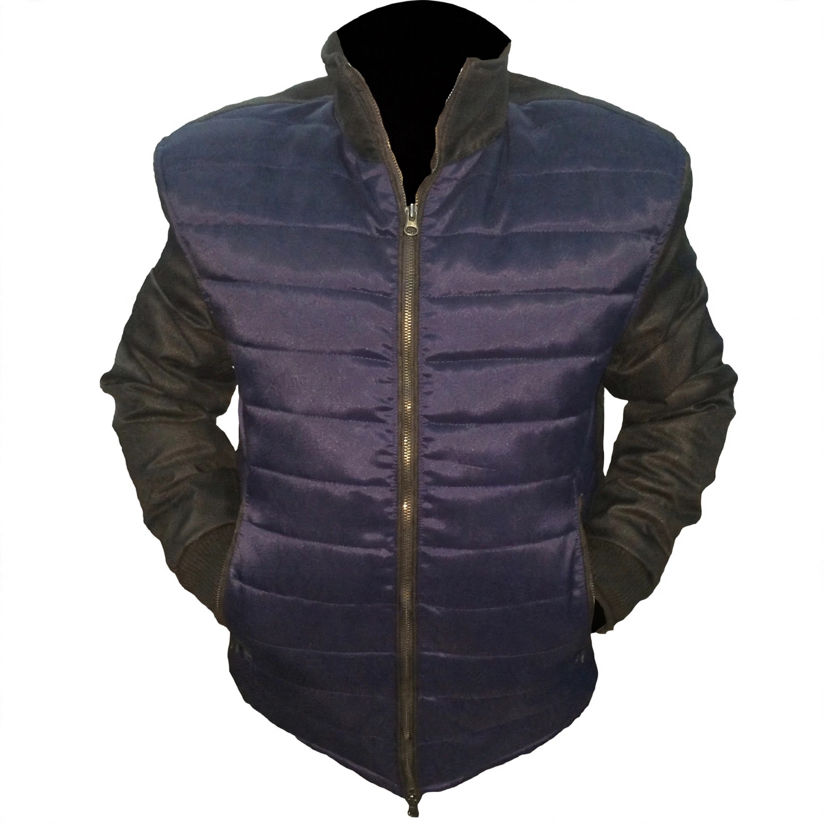 Men Navy Blue Puffer Jacket with Black Leather Sleeves - Quilted Bomber Jacket | Stylowears – view 3