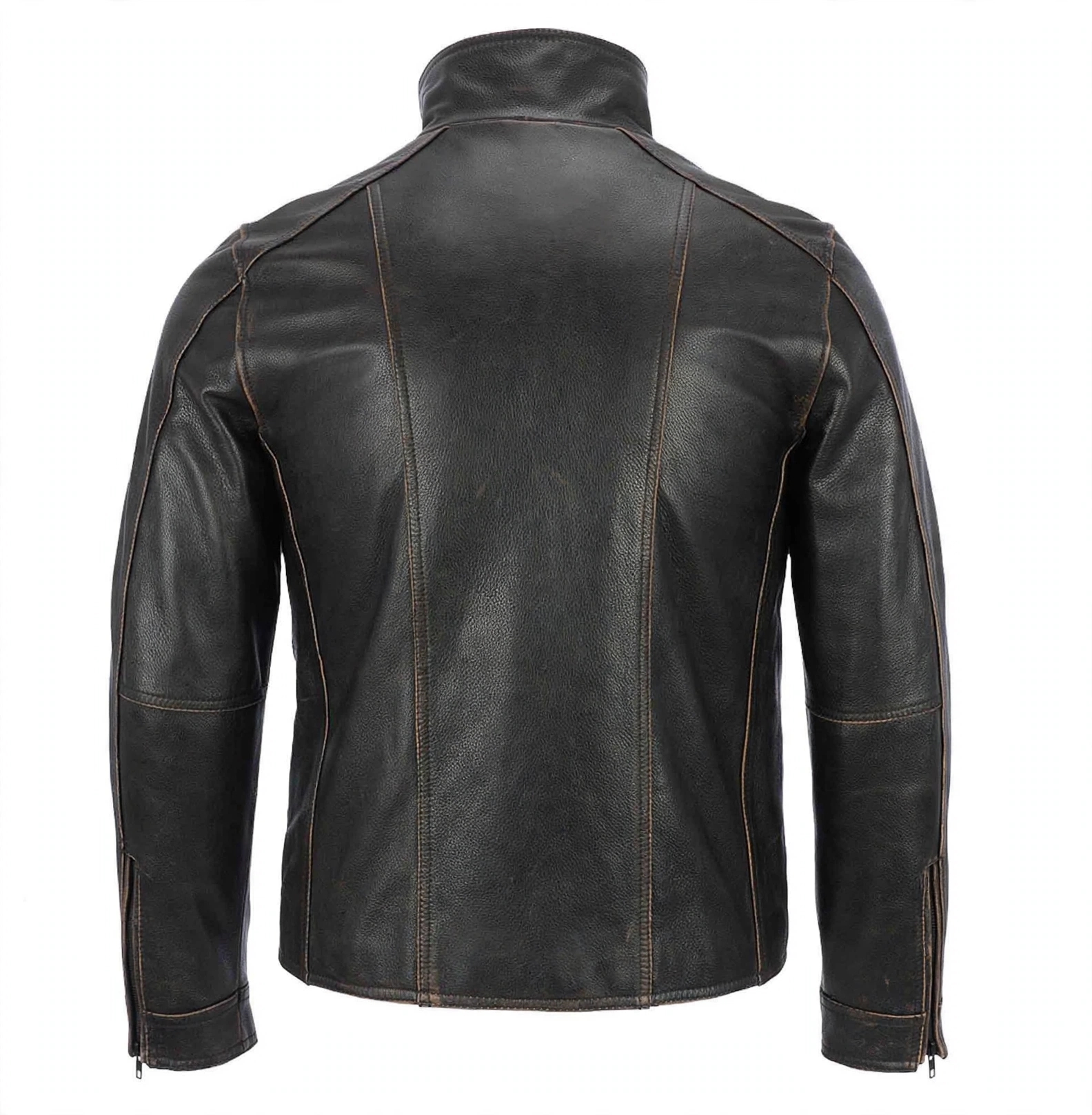 Men Distressed Dark Brown Leather Jacket - Vintage Moto Rivet Jacket with Zip Pockets | Stylowears – view 2