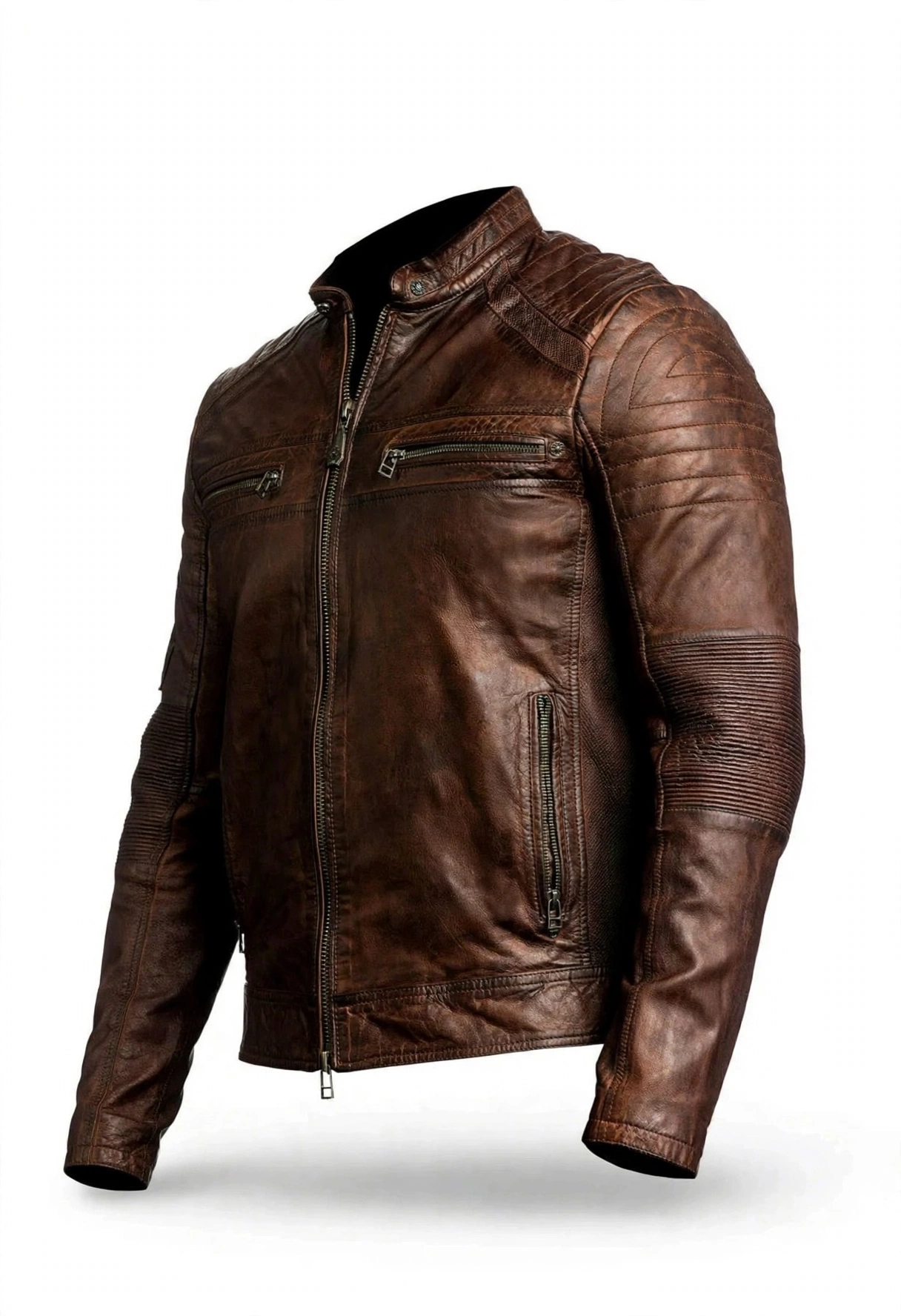 Mens Distressed Brown Leather Jacket - Vintage Cafe Racer Moto Jacket With Quilted Shoulders | Stylowears