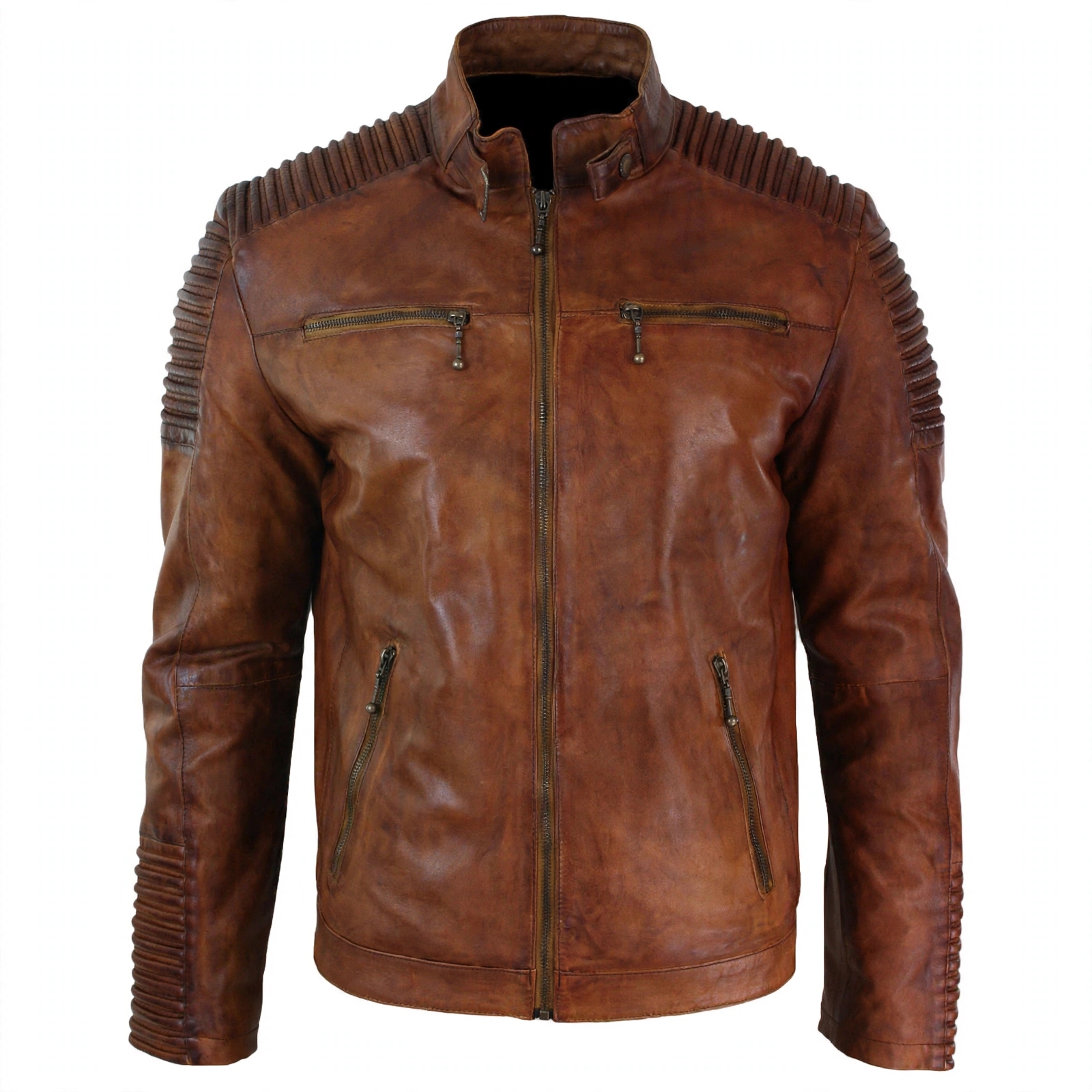 Mens Vintage Brown Leather Jacket - Cafe Racer Moto Jacket With Ribbed Shoulders And Zip Pockets