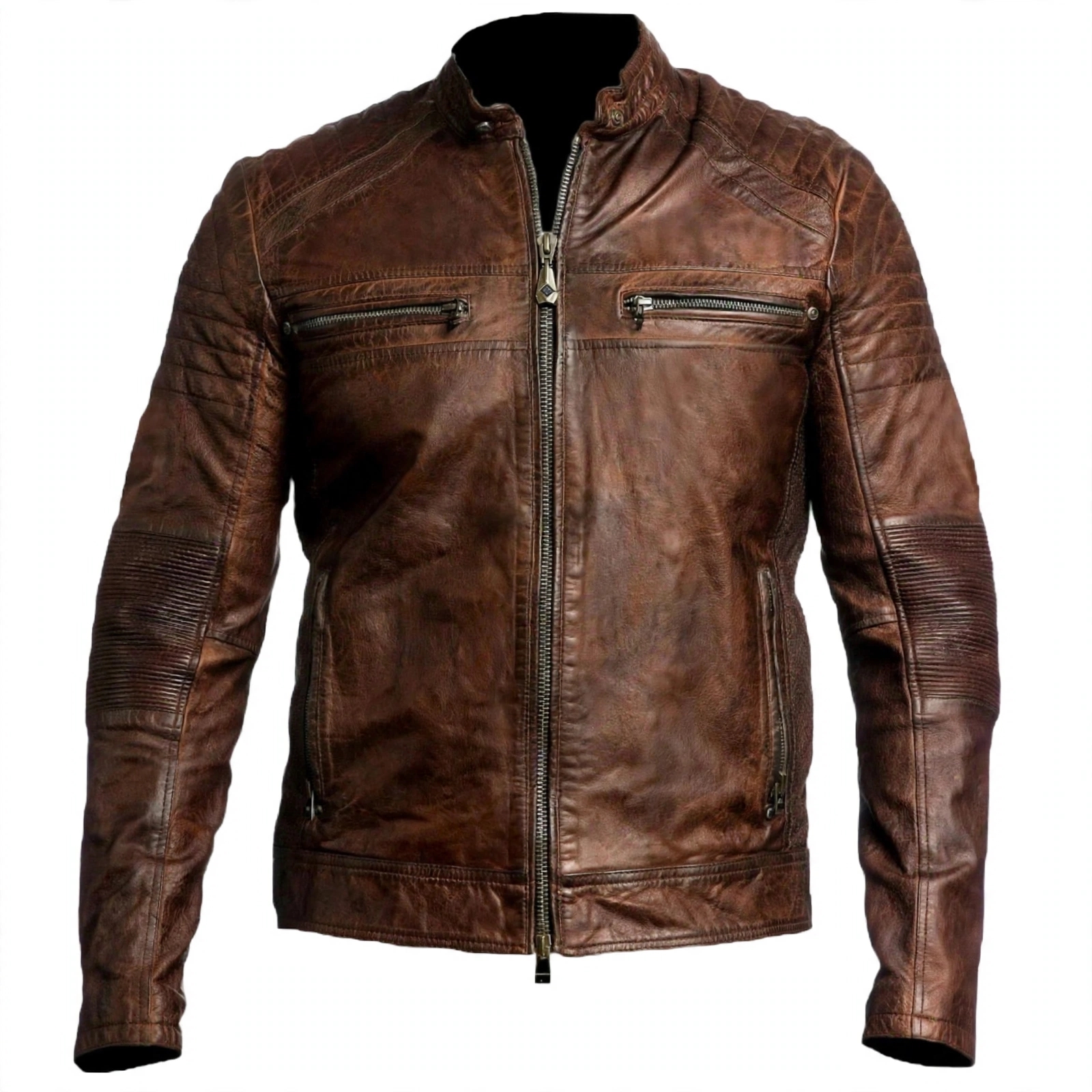 Mens Distressed Brown Leather Jacket - Vintage Cafe Racer Moto Jacket With Quilted Shoulders | Stylowears – view 2