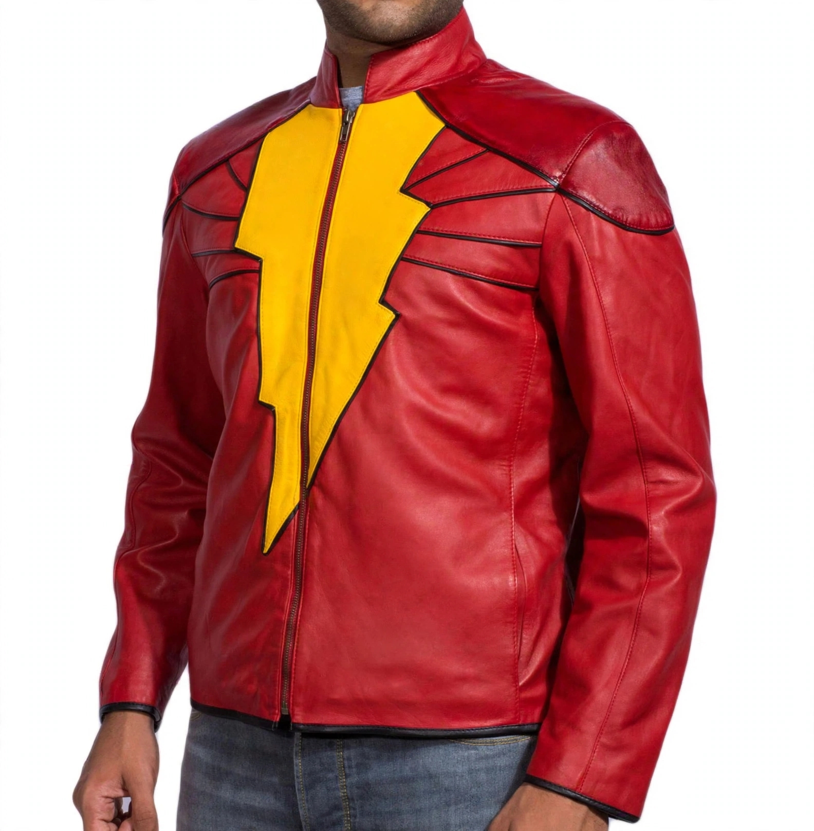 Mens Shazam Leather Jacket - Red And Yellow Lightning Bolt DC Superhero Jacket