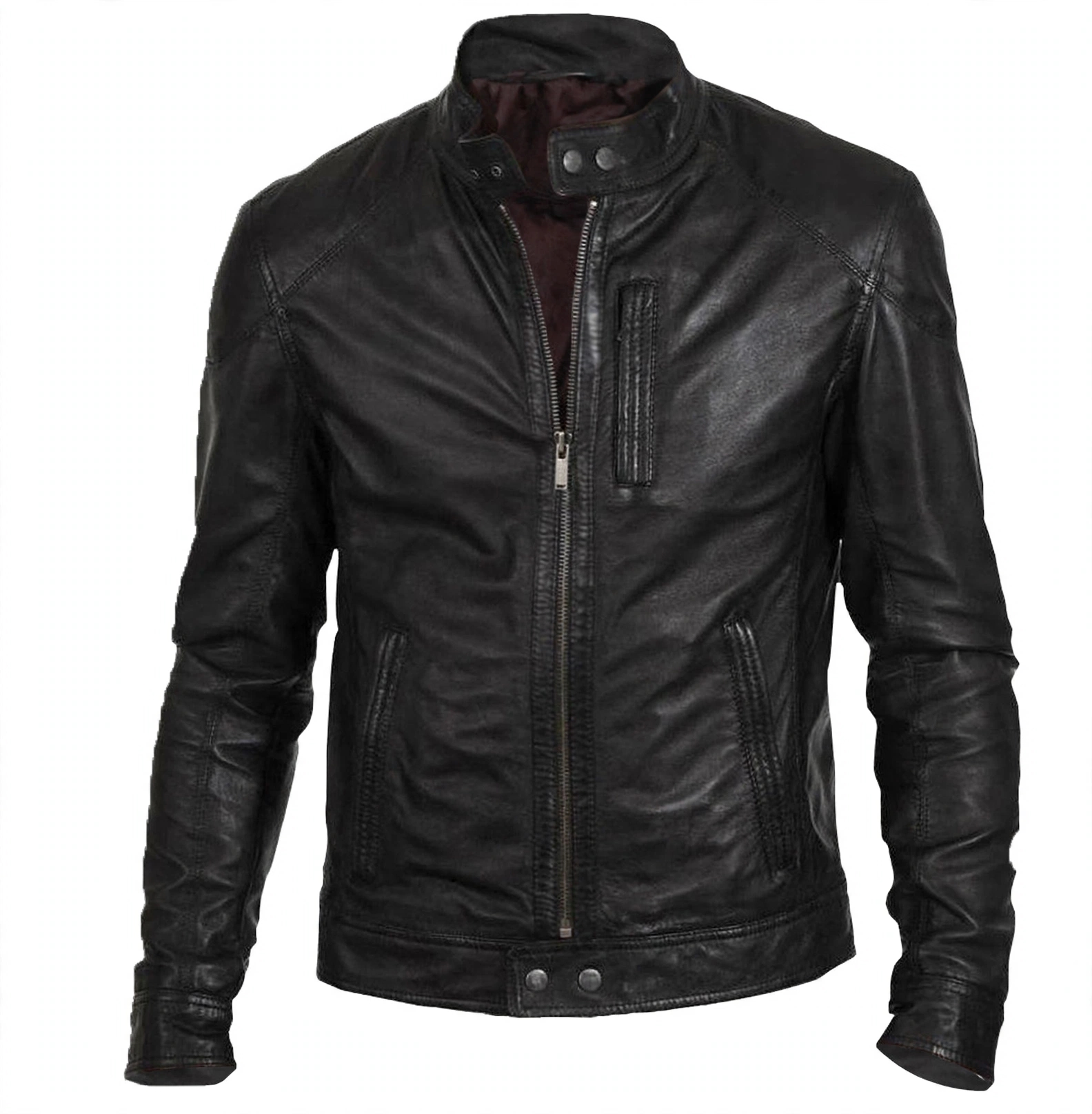 Mens Black Leather Cafe Racer Jacket - Moto Biker Jacket With Snap Collar