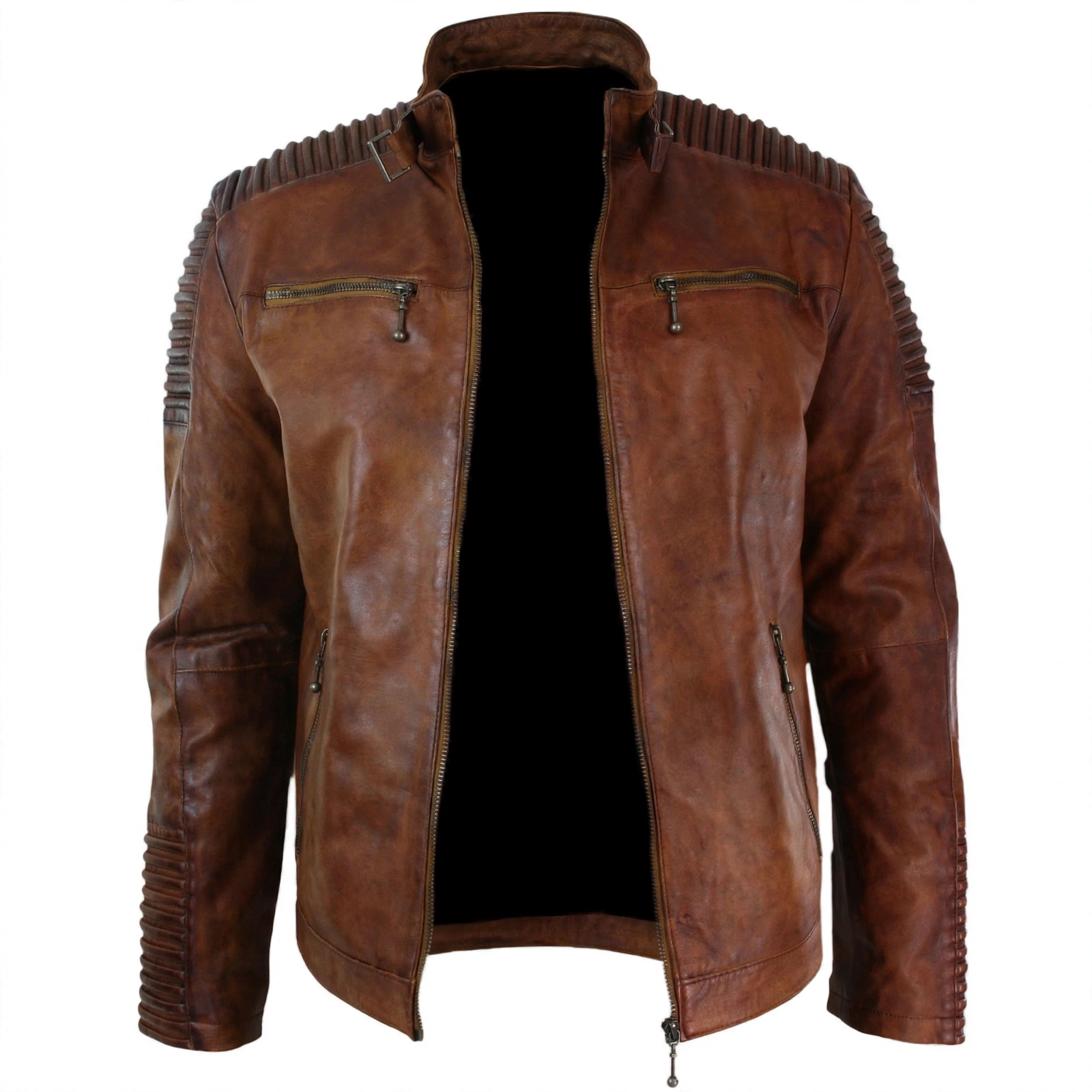 Mens Vintage Brown Leather Jacket - Cafe Racer Moto Jacket With Ribbed Shoulders And Zip Pockets – view 2