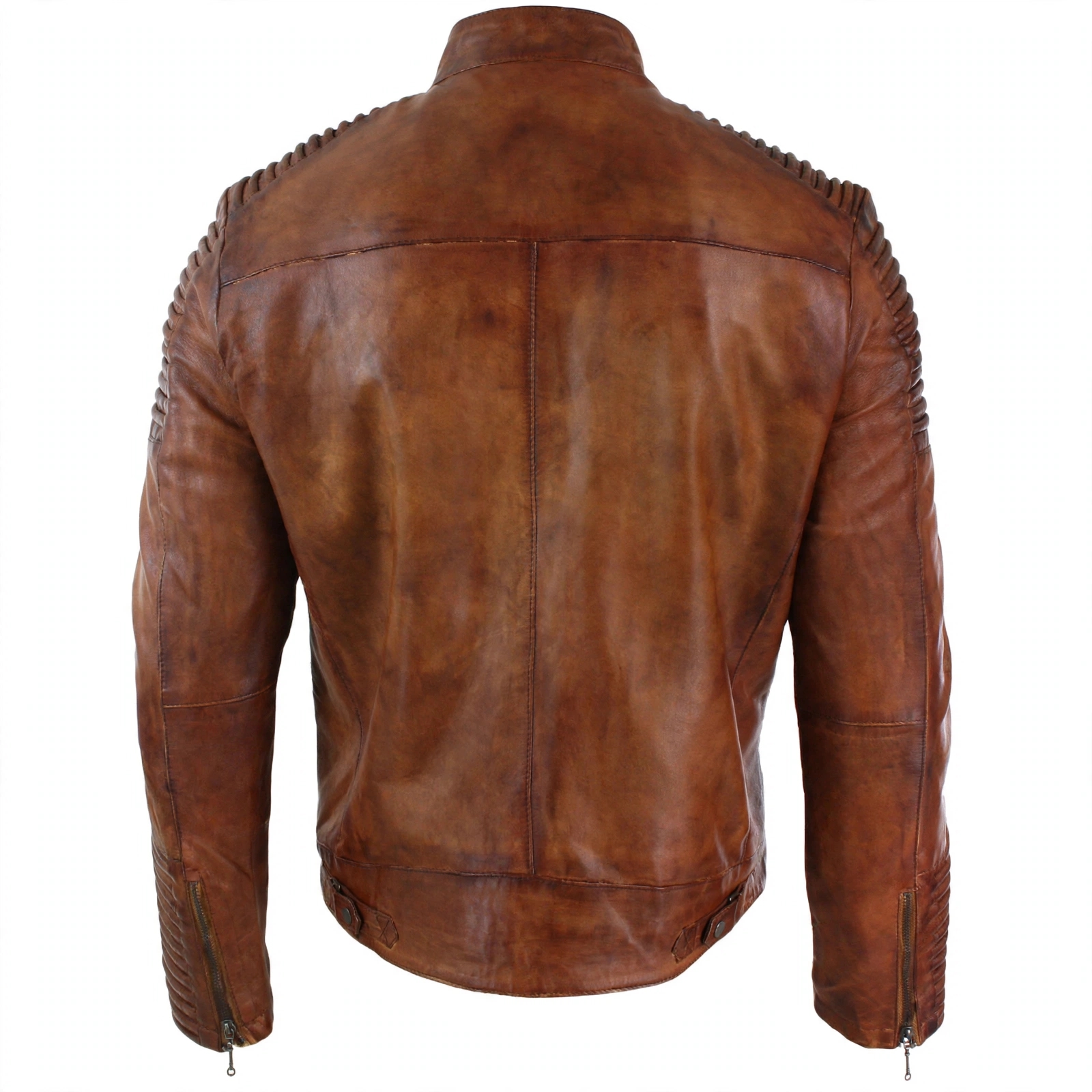 Mens Vintage Brown Leather Jacket - Cafe Racer Moto Jacket With Ribbed Shoulders And Zip Pockets – view 3
