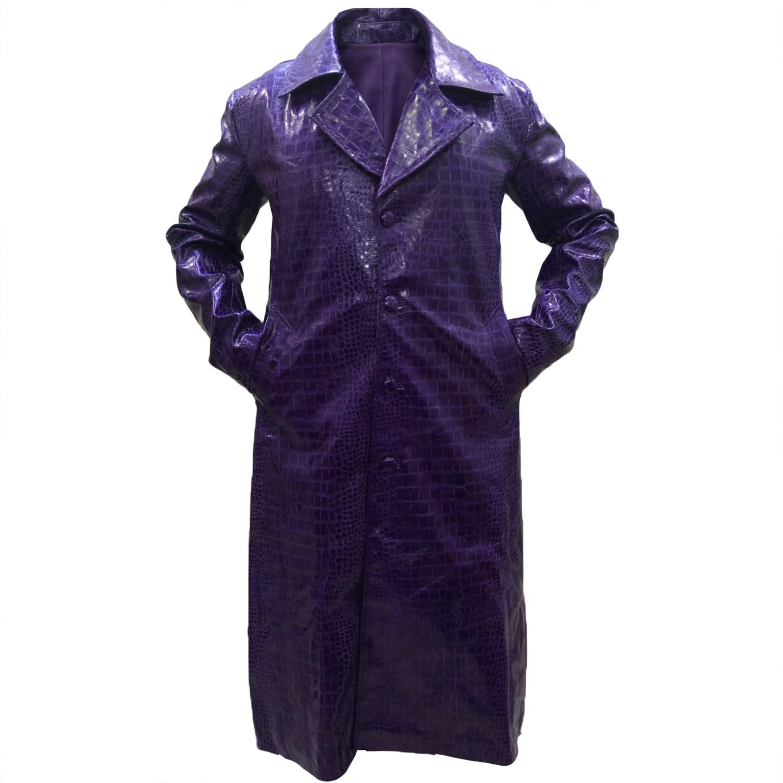 Mens Joker Purple Trench Coat - Suicide Squad Crocodile Leather Long Coat