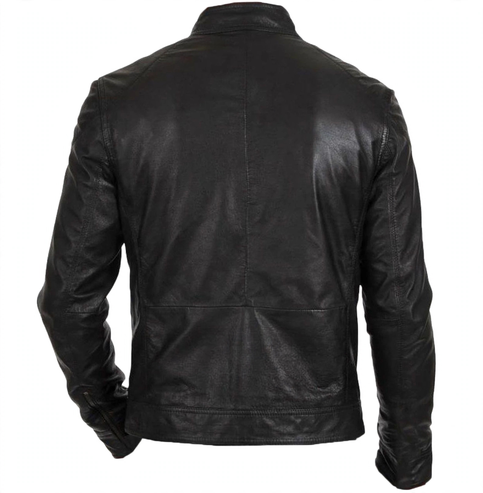 Mens Black Leather Cafe Racer Jacket - Moto Biker Jacket With Snap Collar – view 2